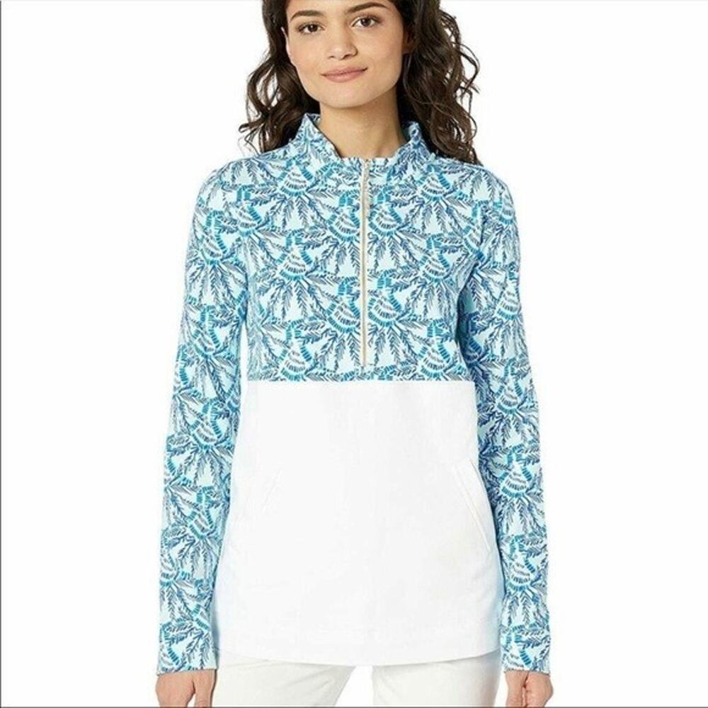Lilly Pulitzer EUC Whisper Blue Print Asher Popover Sweatshirt 1/4 Zip Top L